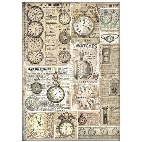 Brocante Antiques - Stamperia - A4 Rice Paper - Clocks (3387)